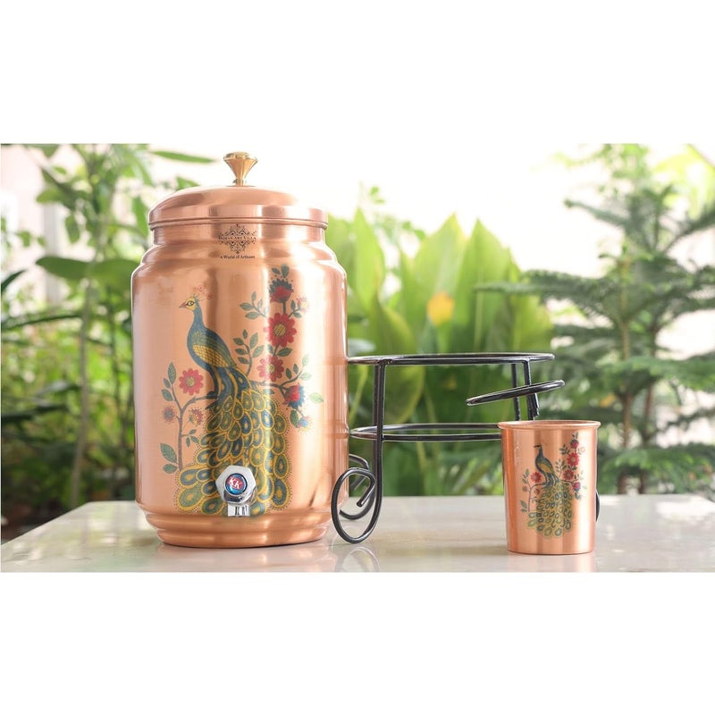 INDIAN ART VILLA Copper Water Dispenser 5 litres with Stand Glass Matka Pot with Peacock Design Ayurvedic Antimicrobial Benefits 5 Litre Storage Capacity - Image 5