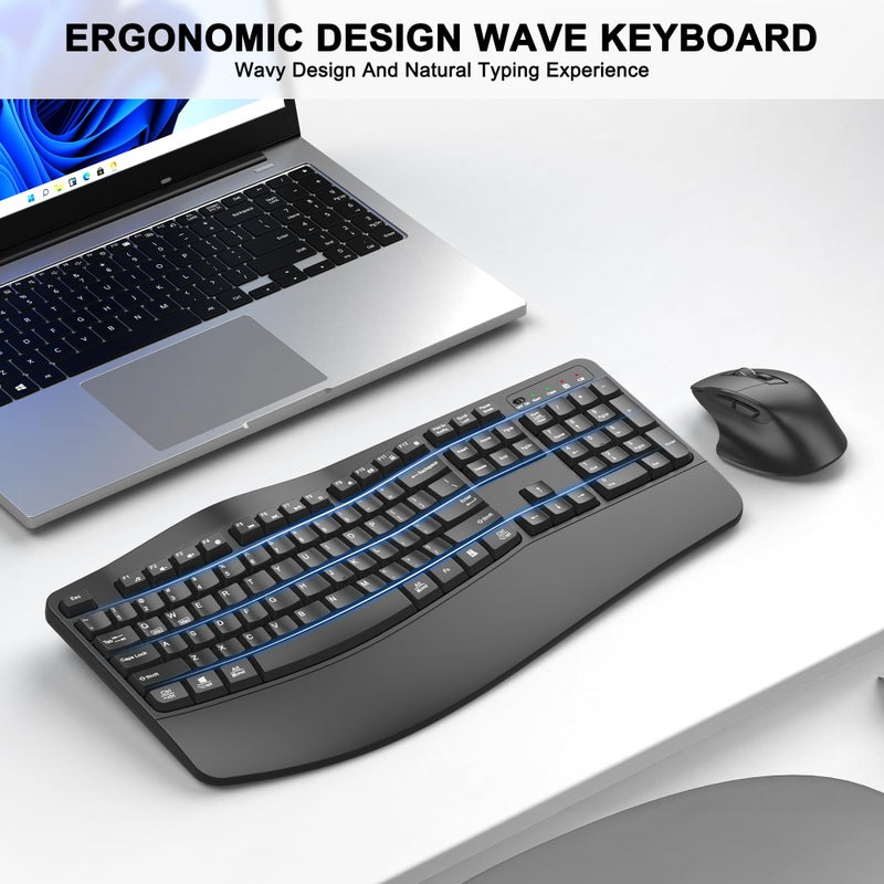 ULSOU Wireless Keyboard and Mouse Combo, 2.4G Full Size Wave Keys Ergonomic Keyboard with Wrist Rest and 3-Level DPI Adjustable Wireless Ergonomic Mouse for Windows, Mac OS Desktop/Laptop/PC(Graphite) - Image 2