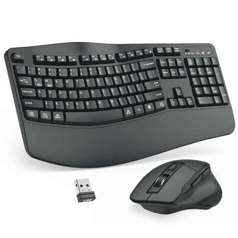 ULSOU Wireless Keyboard and Mouse Combo, 2.4G Full Size Wave Keys Ergonomic Keyboard with Wrist Rest and 3-Level DPI Adjustable Wireless Ergonomic Mouse for Windows, Mac OS Desktop/Laptop/PC(Graphite) - Image 1