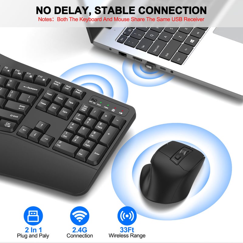 ULSOU Wireless Keyboard and Mouse Combo, 2.4G Full Size Wave Keys Ergonomic Keyboard with Wrist Rest and 3-Level DPI Adjustable Wireless Ergonomic Mouse for Windows, Mac OS Desktop/Laptop/PC(Graphite) - Image 5