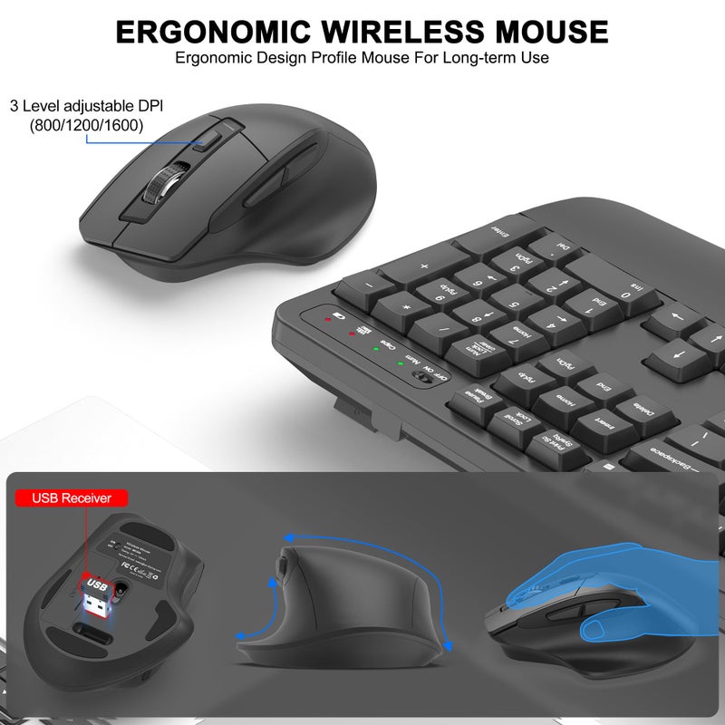 ULSOU Wireless Keyboard and Mouse Combo, 2.4G Full Size Wave Keys Ergonomic Keyboard with Wrist Rest and 3-Level DPI Adjustable Wireless Ergonomic Mouse for Windows, Mac OS Desktop/Laptop/PC(Graphite) - Image 4
