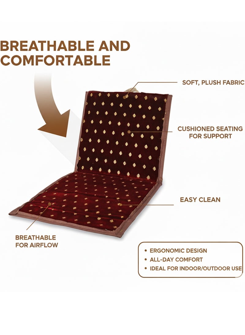 قطوب كرسي ارضي قابل للطي ومركى - طقم جلوس للرحلات والتخييم والجلسات أرضية - مسند ظهر ارضي مخملية فاخرة تصميم تراثي أنيق, قماش قابل للتنفس ومتين ومريح - Image 2