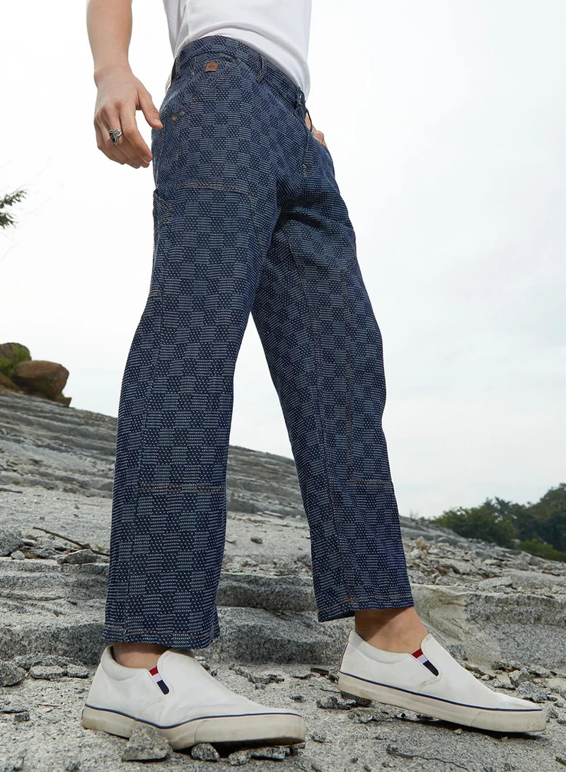 Men's Navy Blue Checker Baggy Utility Denim Jeans For Casual Wear | Mid-Rise | Dark-Wash | Button Closure | Denim Jeans Crafted With Comfort Fit For Everyday Wear