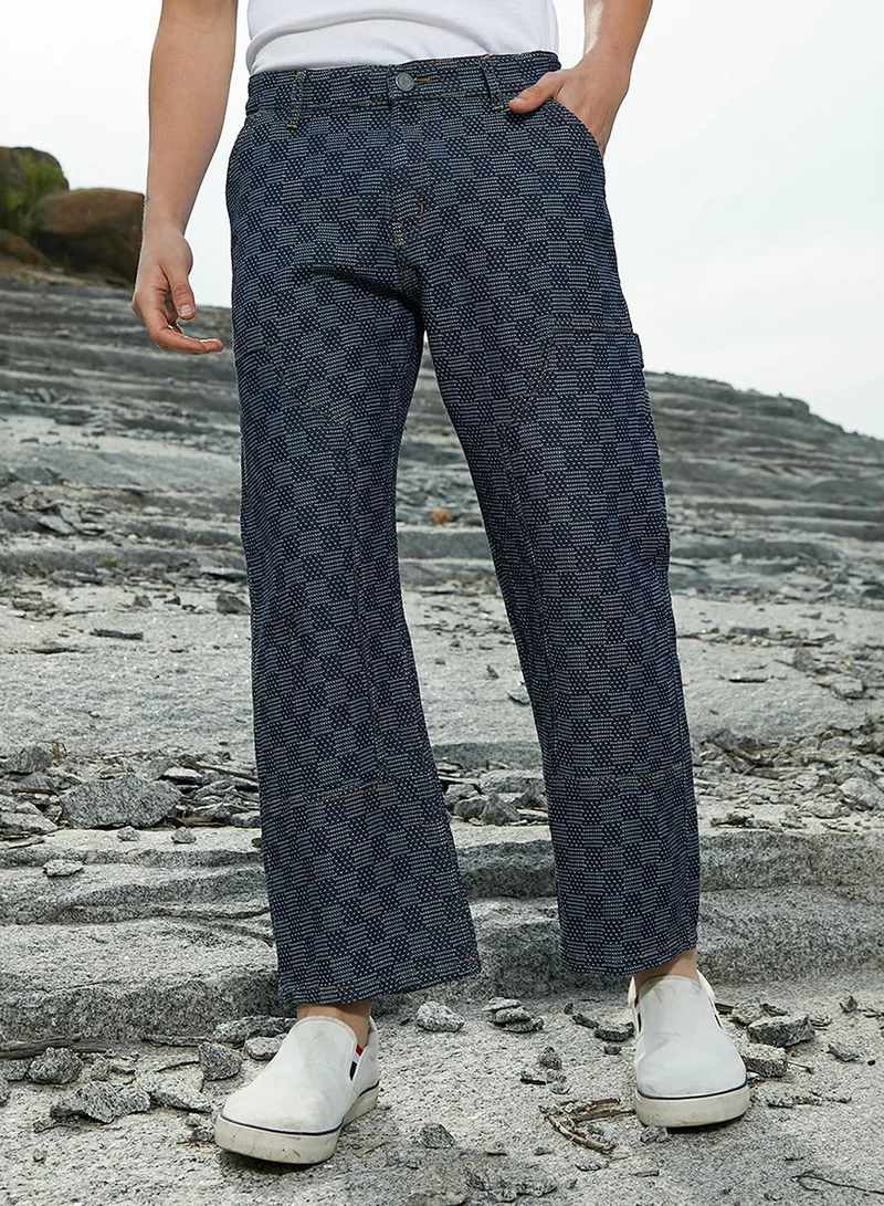 Campus Sutra Men's Navy Blue Checker Baggy Utility Denim Jeans For Casual Wear | Mid-Rise | Dark-Wash | Button Closure | Denim Jeans Crafted With Comfort Fit For Everyday Wear