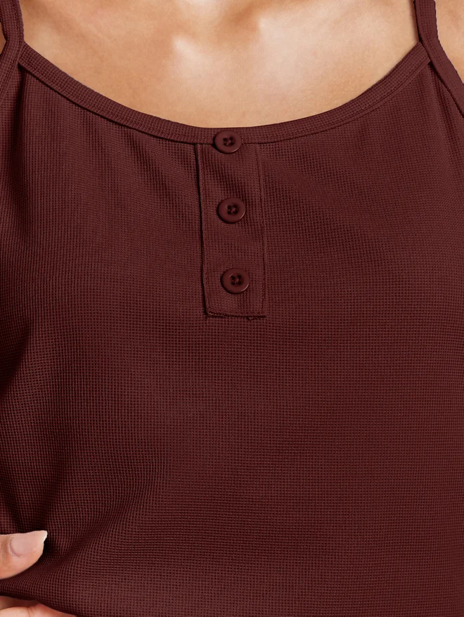 Styli red Styli Burgundy Waffle Placket Cami and Shorts Set for Women | Best Price UAE