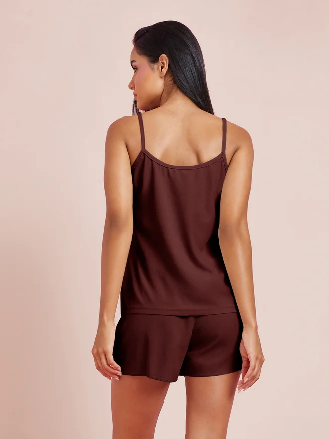 Styli red Styli Burgundy Waffle Placket Cami and Shorts Set for Women | Best Price UAE