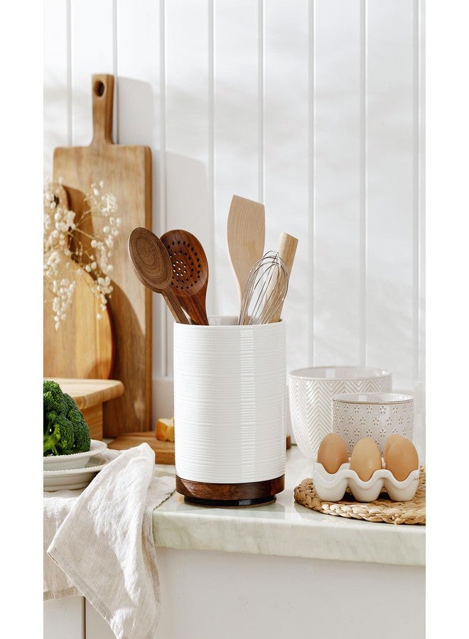 MIKIGEY Utensil Holder, 360° Rotating Extra Large Ceramic Kitchen Utensil Holder for Countertop, 7.3“ Cooking Utensil Crocks for Kitchen Counter with Rotatable Wooden Base, Farmhouse Decor, White - Image 5