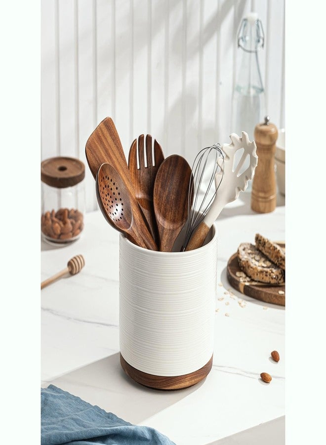 MIKIGEY Utensil Holder, 360° Rotating Extra Large Ceramic Kitchen Utensil Holder for Countertop, 7.3“ Cooking Utensil Crocks for Kitchen Counter with Rotatable Wooden Base, Farmhouse Decor, White - Image 3