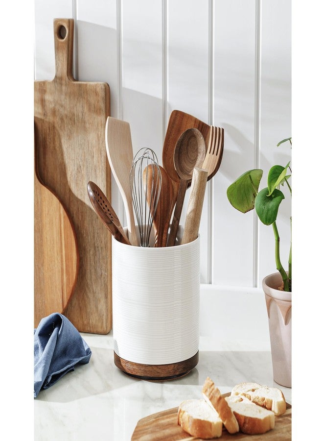 MIKIGEY Utensil Holder, 360° Rotating Extra Large Ceramic Kitchen Utensil Holder for Countertop, 7.3“ Cooking Utensil Crocks for Kitchen Counter with Rotatable Wooden Base, Farmhouse Decor, White - Image 2