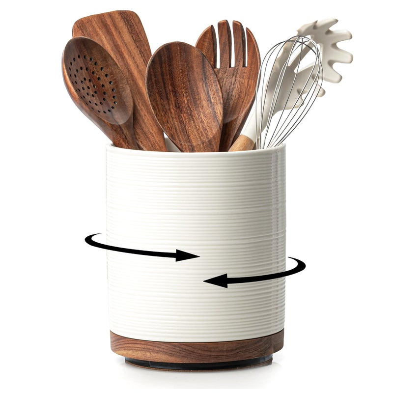 MIKIGEY Utensil Holder, 360° Rotating Extra Large Ceramic Kitchen Utensil Holder for Countertop, 7.3“ Cooking Utensil Crocks for Kitchen Counter with Rotatable Wooden Base, Farmhouse Decor, White - Image 1