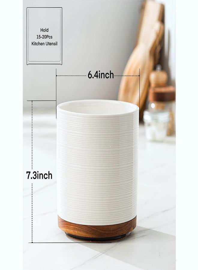 MIKIGEY Utensil Holder, 360° Rotating Extra Large Ceramic Kitchen Utensil Holder for Countertop, 7.3“ Cooking Utensil Crocks for Kitchen Counter with Rotatable Wooden Base, Farmhouse Decor, White - Image 4