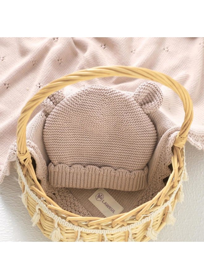 LAWKUL Baby Blanket & Beanie Hat Set 100% Organic Cotton Newborn Swaddle Beanie Soft Cozy for Infants Boy Girl Gift Pink - Image 4