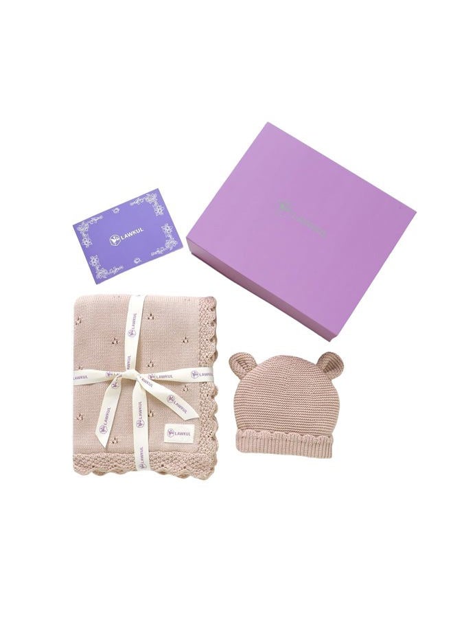 LAWKUL Baby Blanket & Beanie Hat Set 100% Organic Cotton Newborn Swaddle Beanie Soft Cozy for Infants Boy Girl Gift Pink - Image 2