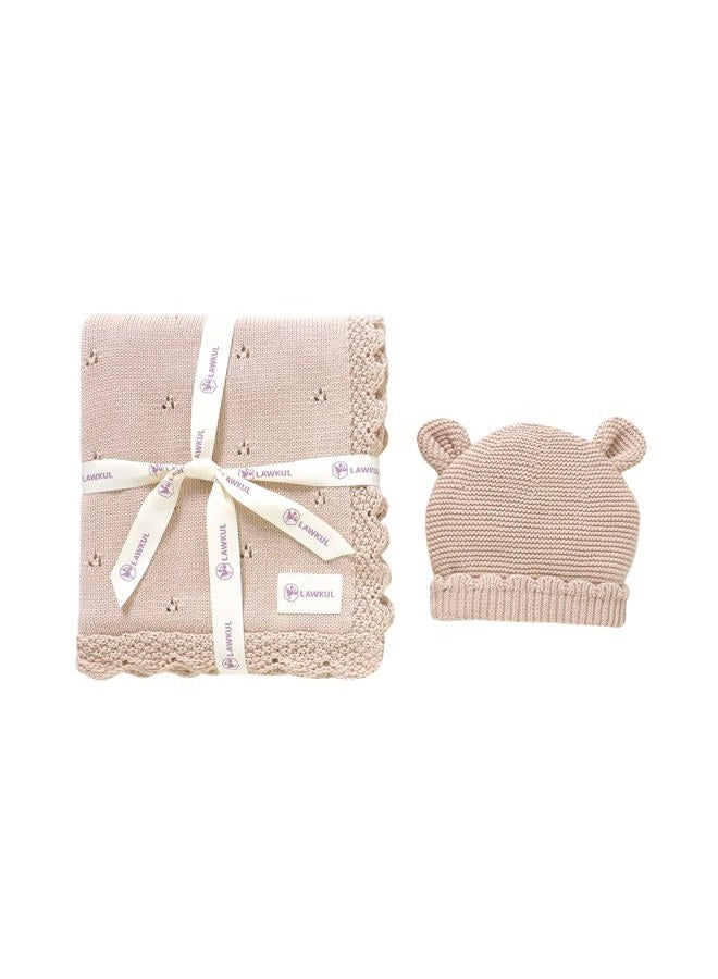 LAWKUL Baby Blanket & Beanie Hat Set 100% Organic Cotton Newborn Swaddle Beanie Soft Cozy for Infants Boy Girl Gift Pink - Image 1