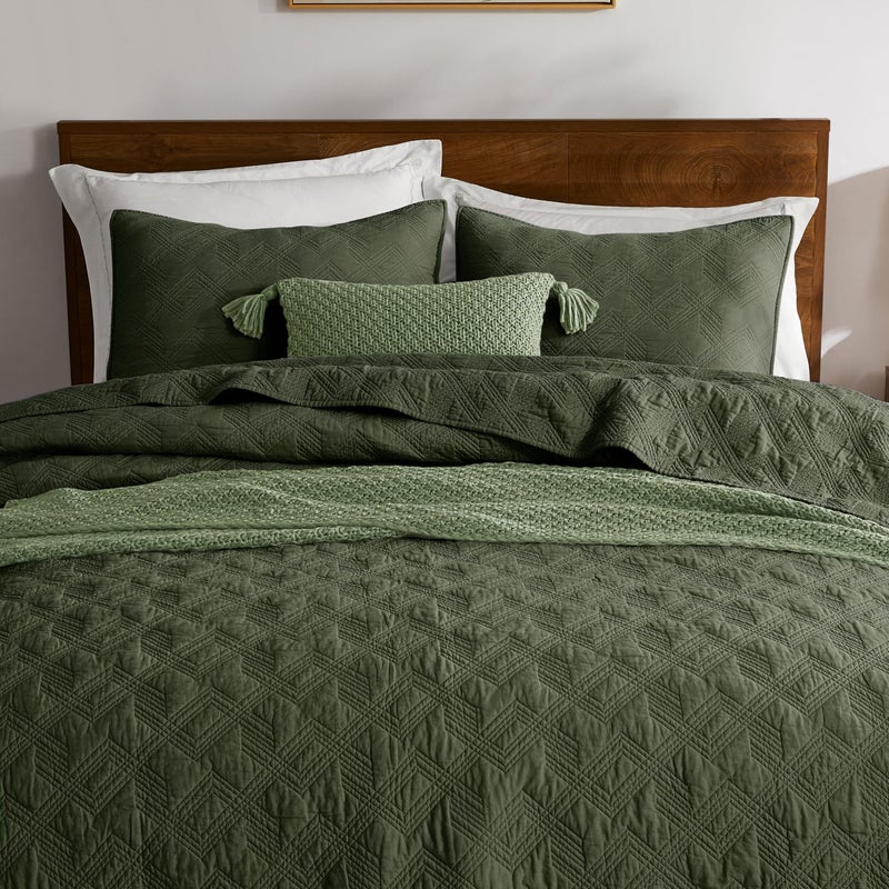 WDCOZY 100% Cotton Queen Size Quilt Set - Olive Green Pre-Washed Soft Lightweight Modern Bedspread, Farmhouse Country Rustic Coverlet, Textured Like Linen, Shabby Chic Gauze Bedding, 3 Pieces - Image 1