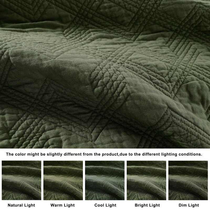 WDCOZY 100% Cotton Queen Size Quilt Set - Olive Green Pre-Washed Soft Lightweight Modern Bedspread, Farmhouse Country Rustic Coverlet, Textured Like Linen, Shabby Chic Gauze Bedding, 3 Pieces - Image 4
