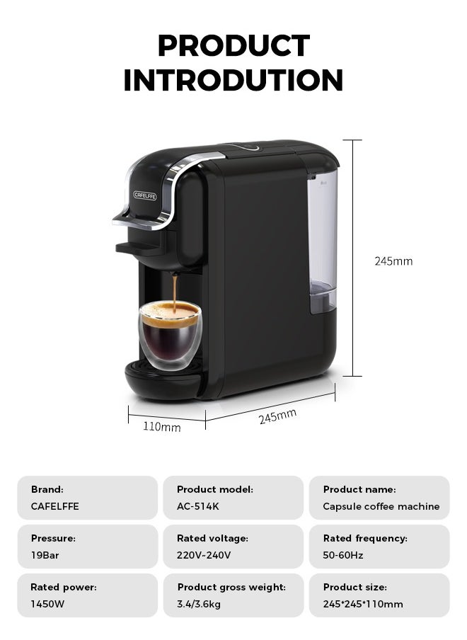 Cafelffe - 4 In 1 Capsule Coffee Machine Hot Cold Brew Coffee Maker For 4 Adapter 1450W Black - Image 1