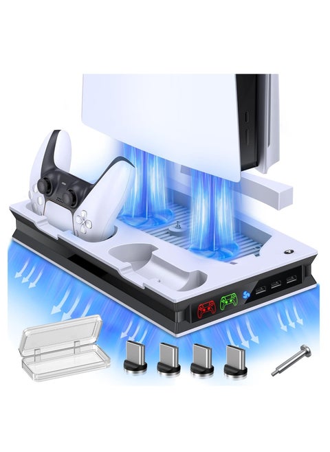 حامل PS5 مع مروحتي تبريد ووحدة تحكم PS5 مزدوجة ومحطة شحن سريعة مع 3 منافذ USB إضافية وحامل عمودي لسوني بلاي ستيشن 5 Dualsense متوافق مع إصدار القرص الرقمي
