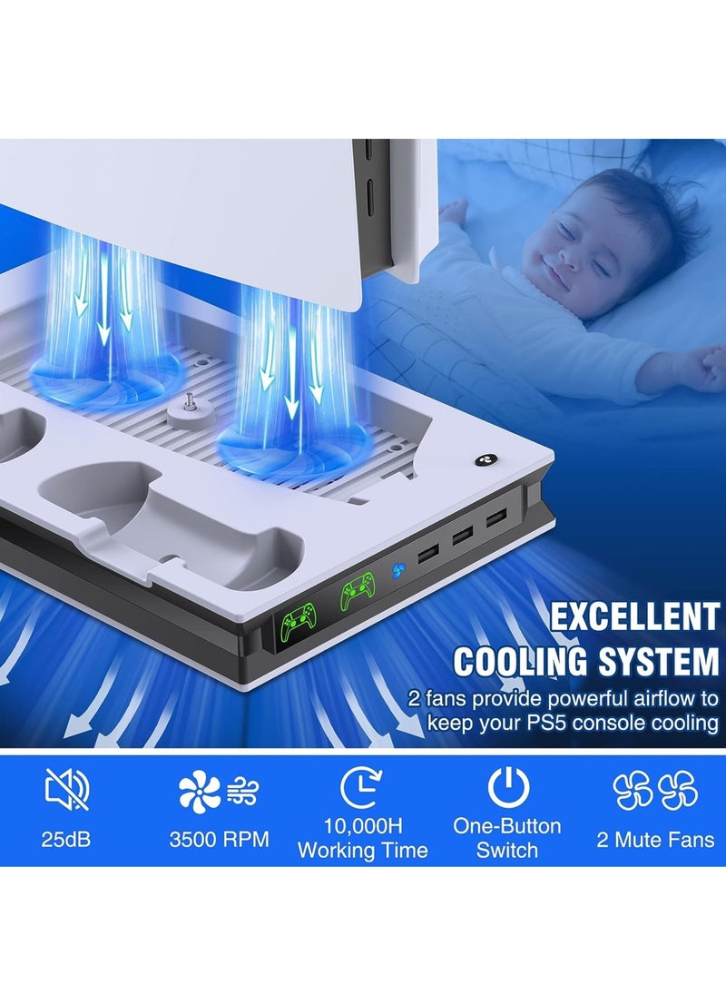 ماركة غير محددة - حامل PS5 مع مروحتي تبريد ووحدة تحكم PS5 مزدوجة ومحطة شحن سريعة مع 3 منافذ USB إضافية وحامل عمودي لسوني بلاي ستيشن 5 Dualsense متوافق مع إصدار القرص الرقمي - Image 1