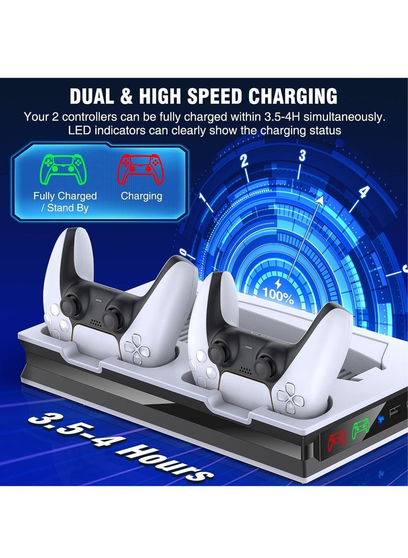 ماركة غير محددة - حامل PS5 مع مروحتي تبريد ووحدة تحكم PS5 مزدوجة ومحطة شحن سريعة مع 3 منافذ USB إضافية وحامل عمودي لسوني بلاي ستيشن 5 Dualsense متوافق مع إصدار القرص الرقمي - Image 1