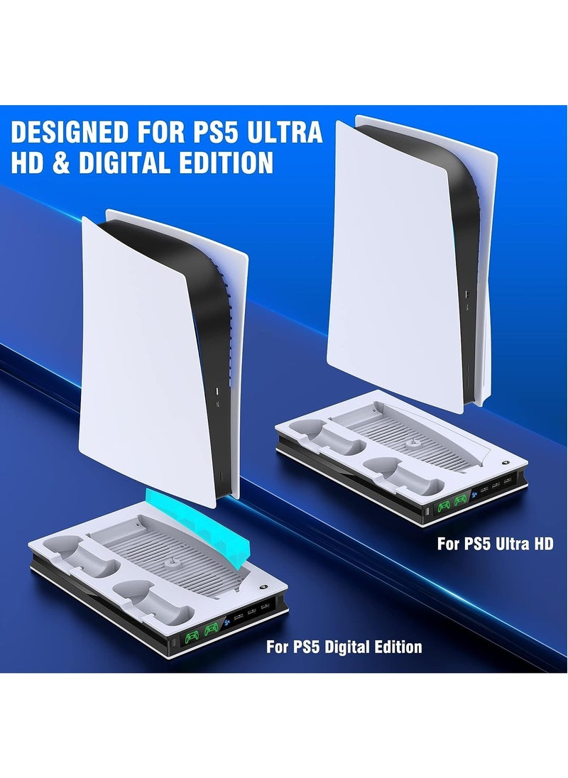 ماركة غير محددة - حامل PS5 مع مروحتي تبريد ووحدة تحكم PS5 مزدوجة ومحطة شحن سريعة مع 3 منافذ USB إضافية وحامل عمودي لسوني بلاي ستيشن 5 Dualsense متوافق مع إصدار القرص الرقمي - Image 1
