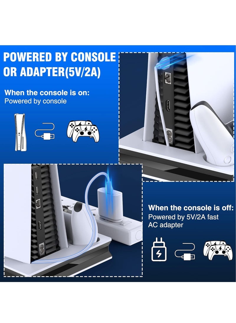 ماركة غير محددة - حامل PS5 مع مروحتي تبريد ووحدة تحكم PS5 مزدوجة ومحطة شحن سريعة مع 3 منافذ USB إضافية وحامل عمودي لسوني بلاي ستيشن 5 Dualsense متوافق مع إصدار القرص الرقمي - Image 1