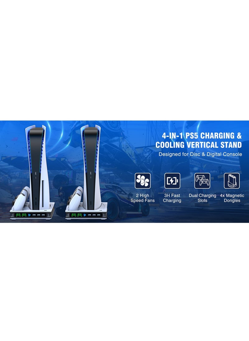 ماركة غير محددة - حامل PS5 مع مروحتي تبريد ووحدة تحكم PS5 مزدوجة ومحطة شحن سريعة مع 3 منافذ USB إضافية وحامل عمودي لسوني بلاي ستيشن 5 Dualsense متوافق مع إصدار القرص الرقمي - Image 1