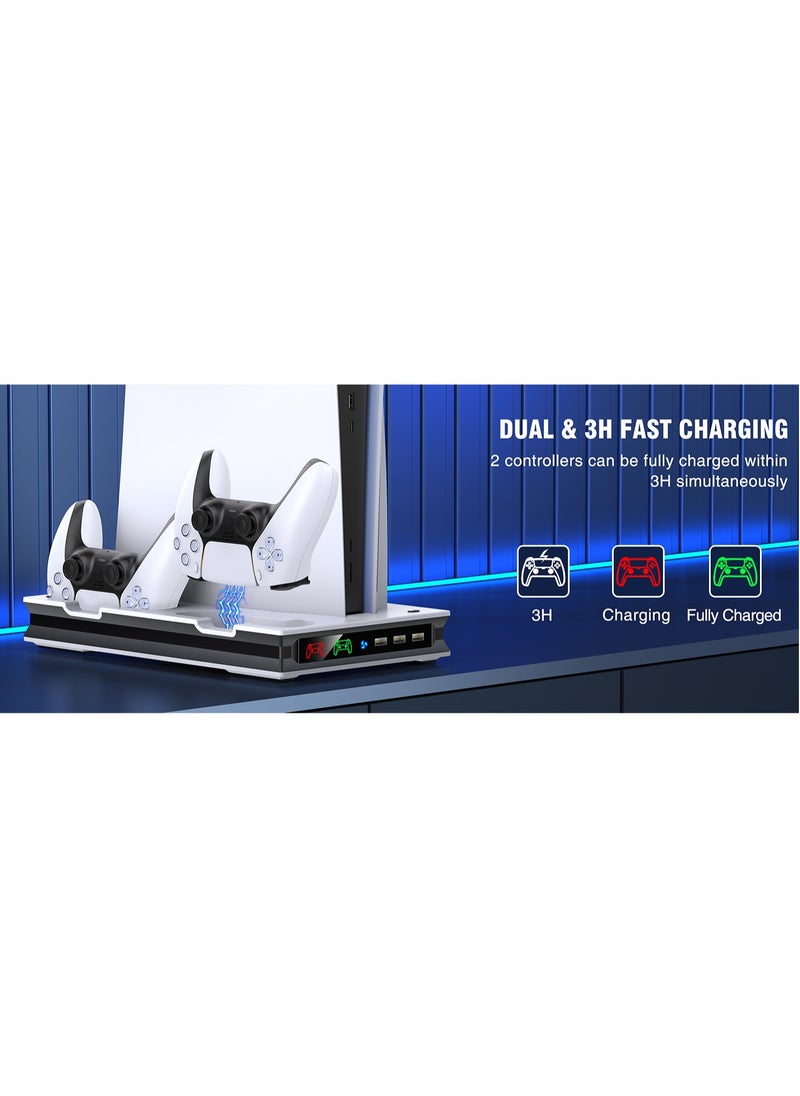 ماركة غير محددة - حامل PS5 مع مروحتي تبريد ووحدة تحكم PS5 مزدوجة ومحطة شحن سريعة مع 3 منافذ USB إضافية وحامل عمودي لسوني بلاي ستيشن 5 Dualsense متوافق مع إصدار القرص الرقمي - Image 1