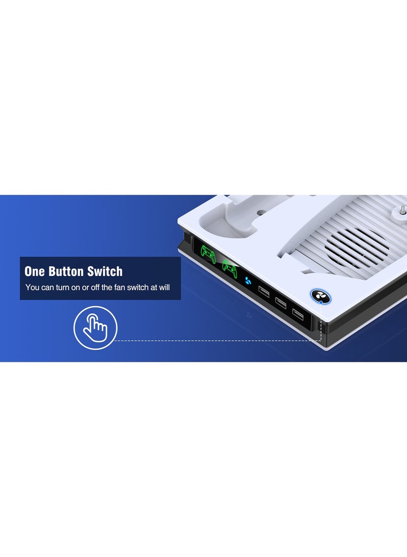 ماركة غير محددة - حامل PS5 مع مروحتي تبريد ووحدة تحكم PS5 مزدوجة ومحطة شحن سريعة مع 3 منافذ USB إضافية وحامل عمودي لسوني بلاي ستيشن 5 Dualsense متوافق مع إصدار القرص الرقمي - Image 1