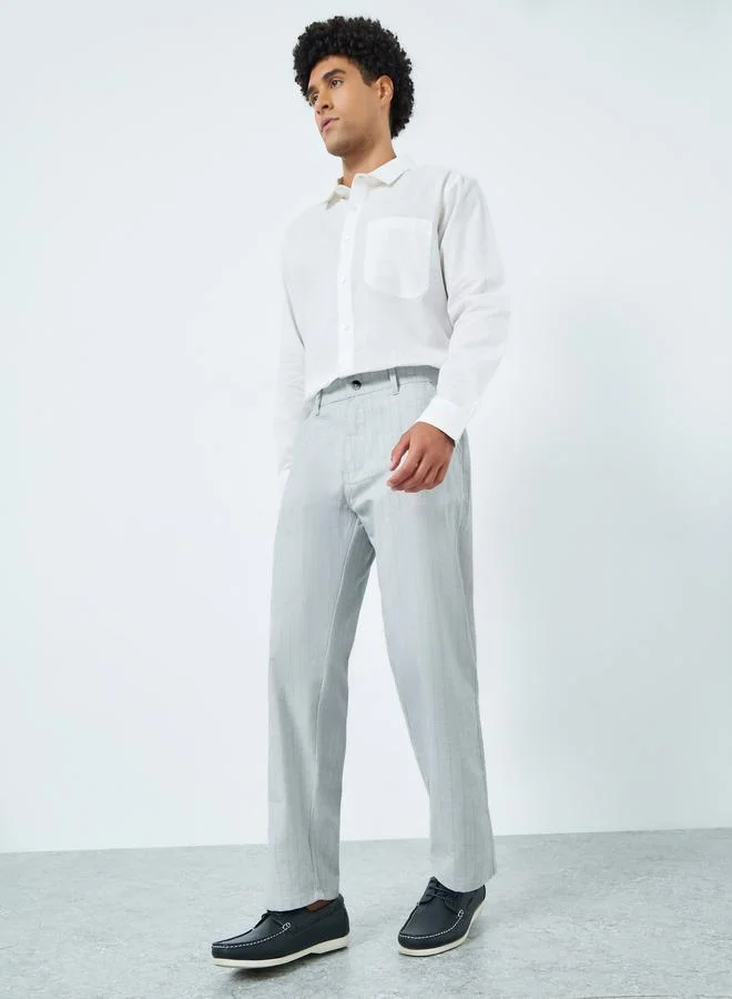 Styli Men Grey Pinstriped Straight Leg Trousers