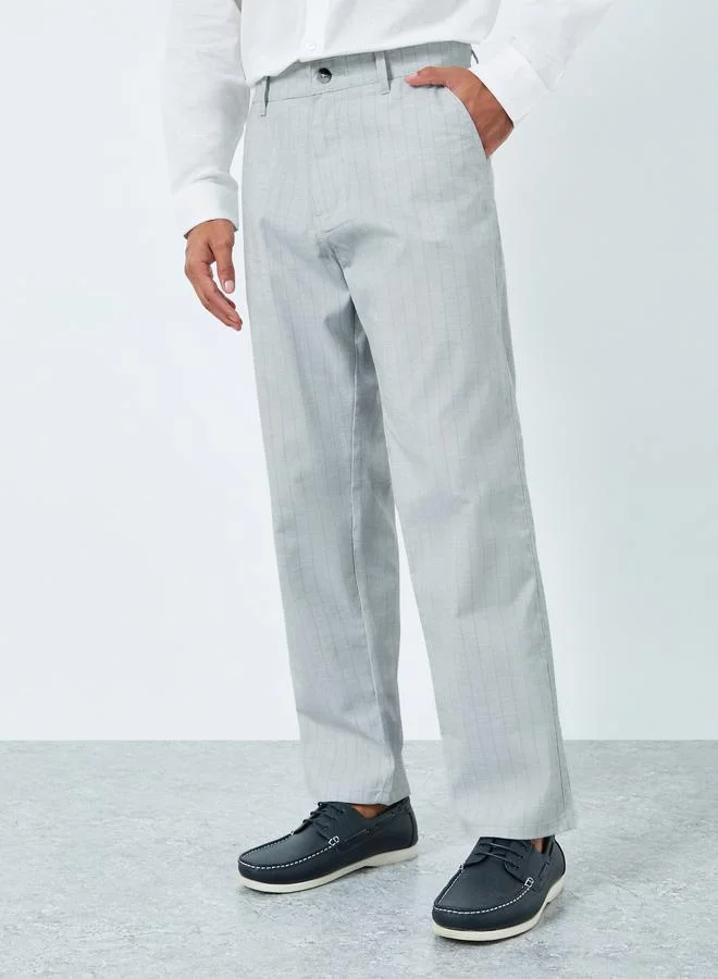 Styli Men Grey Pinstriped Straight Leg Trousers