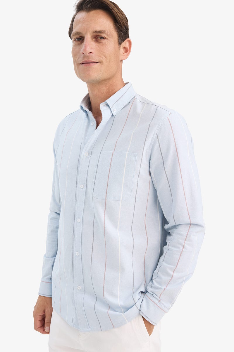 DeFacto Blue Man Regular Fit Polo Shirt Striped Cotton Long Sleeve Shirt Casual - Image 1