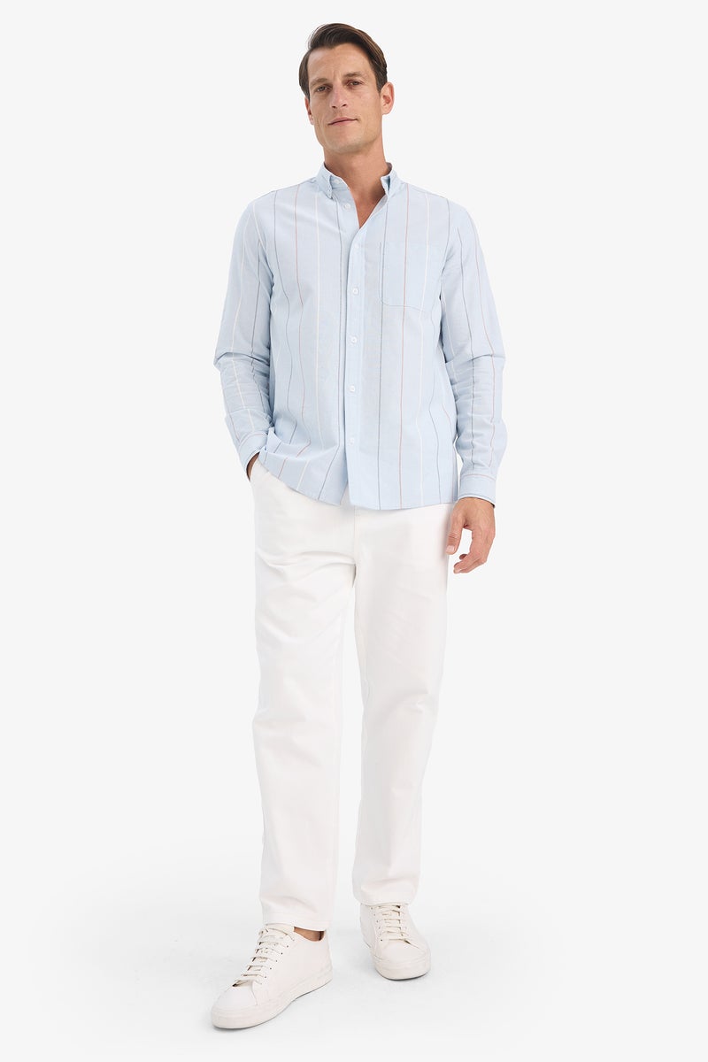 DeFacto Blue Man Regular Fit Polo Shirt Striped Cotton Long Sleeve Shirt Casual - Image 2