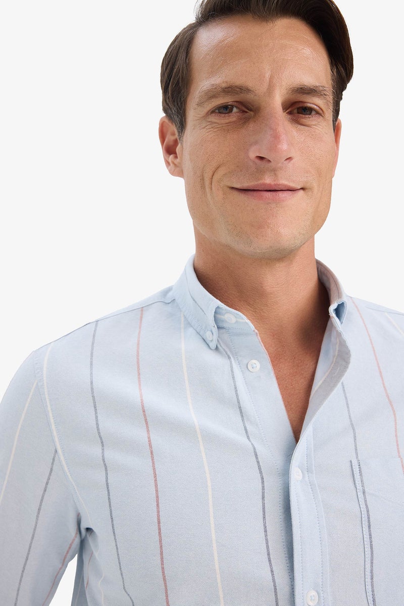 DeFacto Blue Man Regular Fit Polo Shirt Striped Cotton Long Sleeve Shirt Casual - Image 5