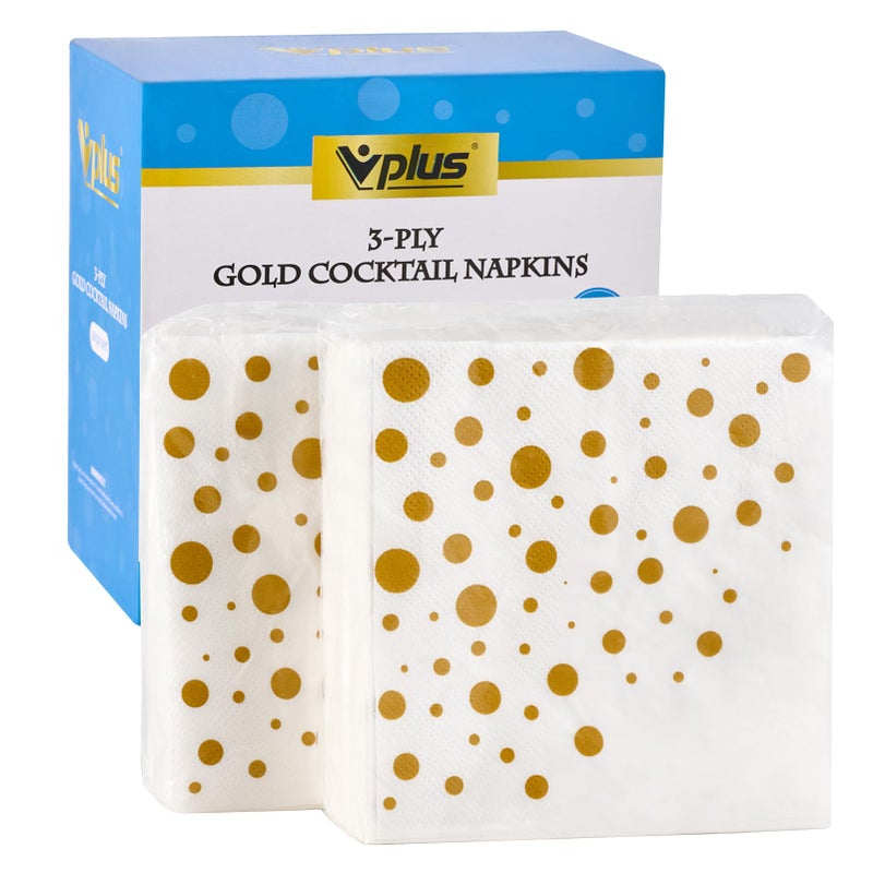 Vplus 100 Pack Cocktail Napkins Paper  3-Ply Beverage Napkins  Disposable Gold Square Napkins  Perfect for Restaurant  Event  Bar  Wedding  Baby Shower and Birthday Party - Image 1