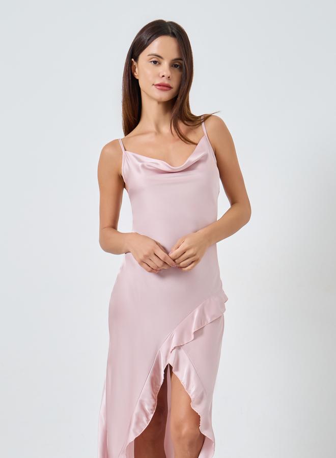 Styli Satin Cowl Neck Thigh High Slit Slip Dress - Image 2