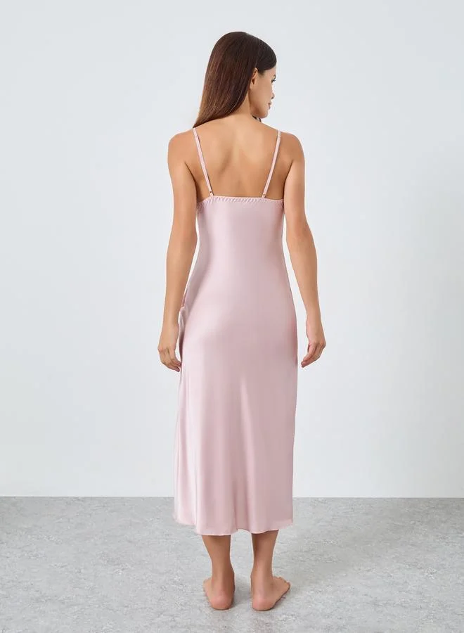 Styli Styli Satin Cowl Neck Thigh High Slit Slip Dress