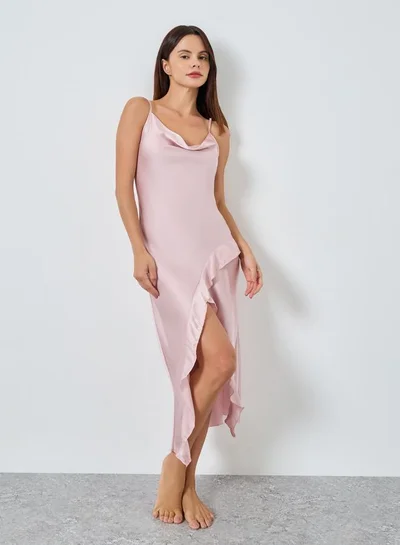 Styli Styli Satin Cowl Neck Thigh High Slit Slip Dress