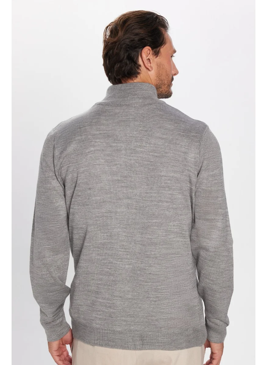 Tudors Men's Slim Fit Slim Cut Gray Stand Collar Zippered Plain Cardigan