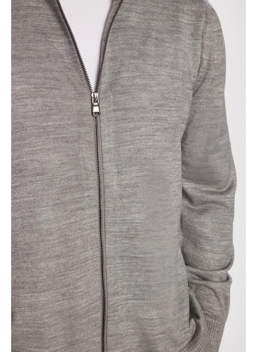 Tudors Men's Slim Fit Slim Cut Gray Stand Collar Zippered Plain Cardigan