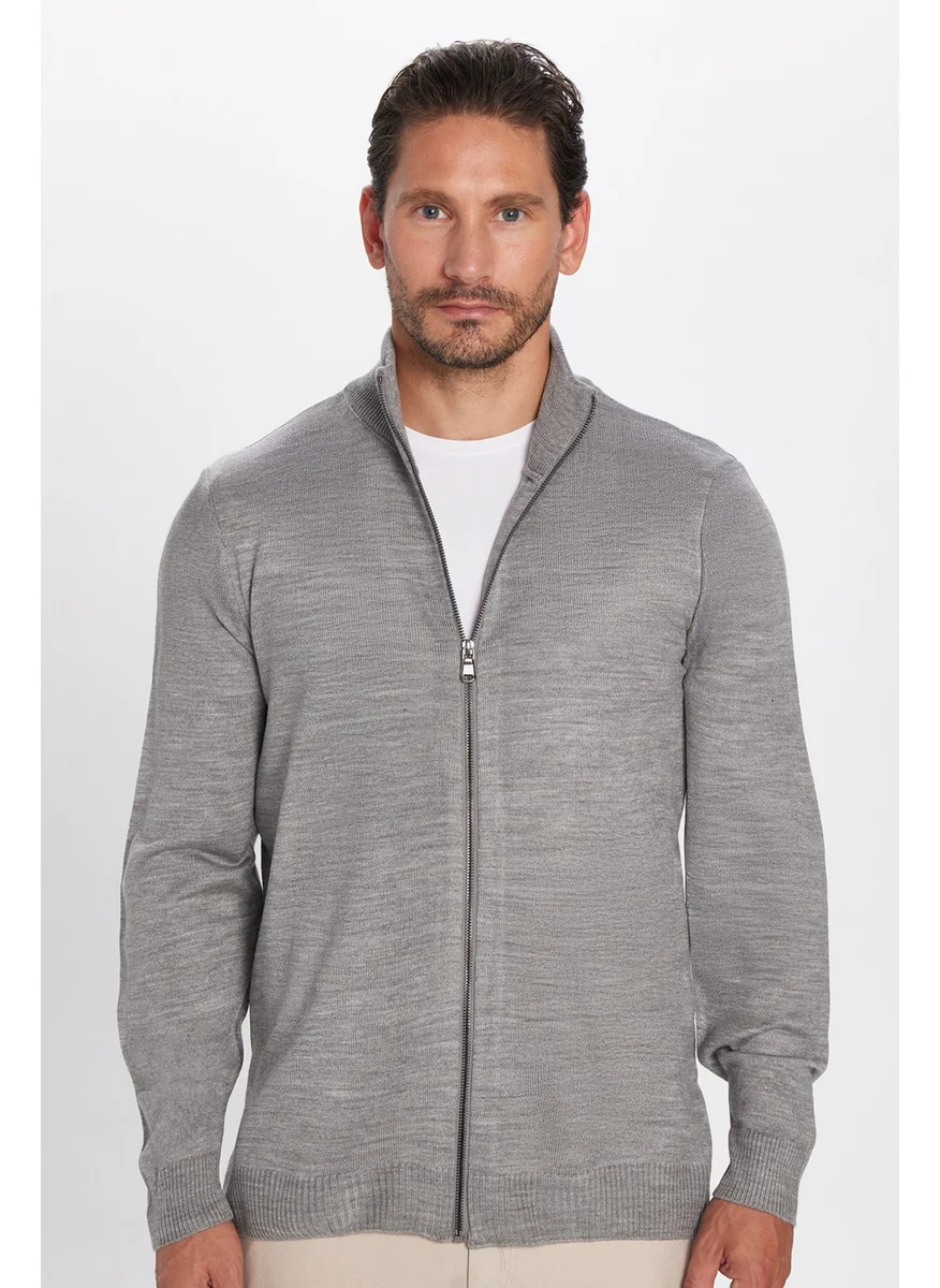 Tudors Men's Slim Fit Slim Cut Gray Stand Collar Zippered Plain Cardigan