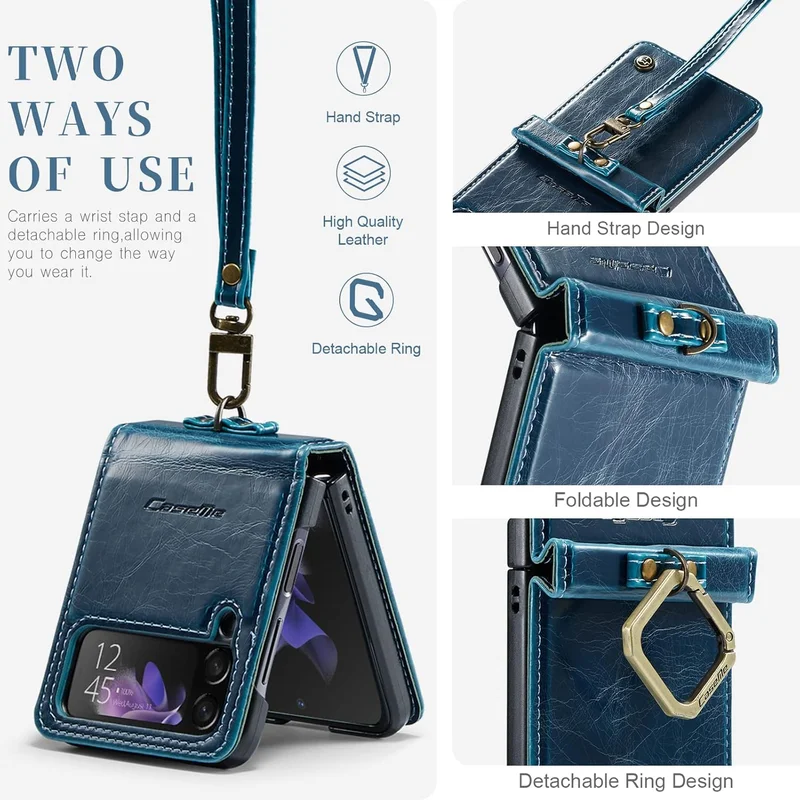 Mobcos Caseme SM ZFlip 4 Leather Blue Mobcos Caseme Samsung Galaxy Z Flip 4 Horse Pu Leather Blue Fold Retro Cover Case Kickstand Rings with Hand Strap  | Best Price UAE