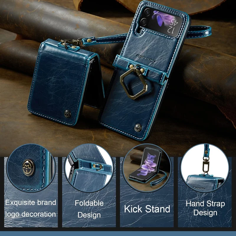 Mobcos Caseme SM ZFlip 4 Leather Blue Mobcos Caseme Samsung Galaxy Z Flip 4 Horse Pu Leather Blue Fold Retro Cover Case Kickstand Rings with Hand Strap  | Best Price UAE