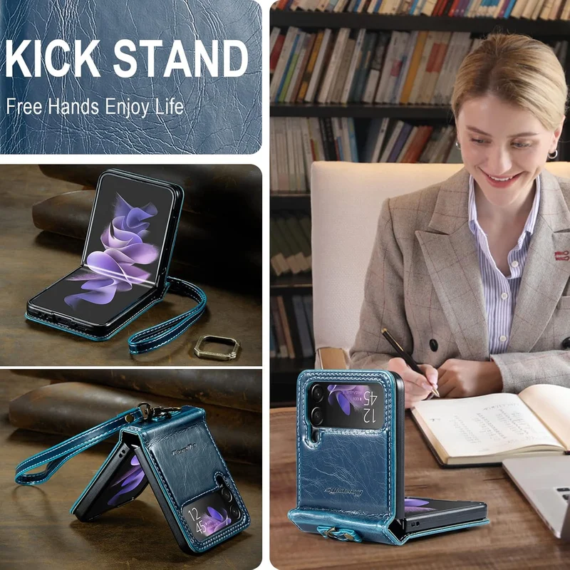 Mobcos Caseme SM ZFlip 4 Leather Blue Mobcos Caseme Samsung Galaxy Z Flip 4 Horse Pu Leather Blue Fold Retro Cover Case Kickstand Rings with Hand Strap  | Best Price UAE