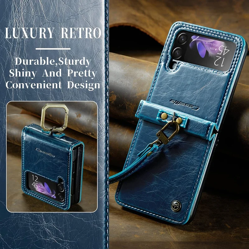 موبكوس جراب Mobcos Caseme لهاتف سامسونج جالاكسي زد فليب 3 بتصميم حصان، مصنوع من جلد البولي يوريثان الأزرق، قابل للطي بتصميم كلاسيكي، مزود بحلقات مسند وحزام يد.