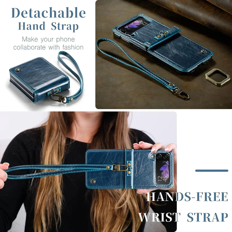 Mobcos Caseme SM ZFlip 4 Leather Blue Mobcos Caseme Samsung Galaxy Z Flip 4 Horse Pu Leather Blue Fold Retro Cover Case Kickstand Rings with Hand Strap  | Best Price UAE
