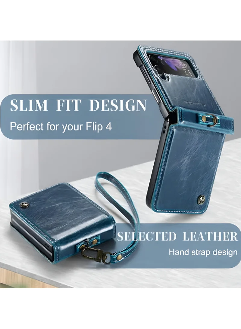 Mobcos Caseme SM ZFlip 4 Leather Blue Mobcos Caseme Samsung Galaxy Z Flip 4 Horse Pu Leather Blue Fold Retro Cover Case Kickstand Rings with Hand Strap  | Best Price UAE