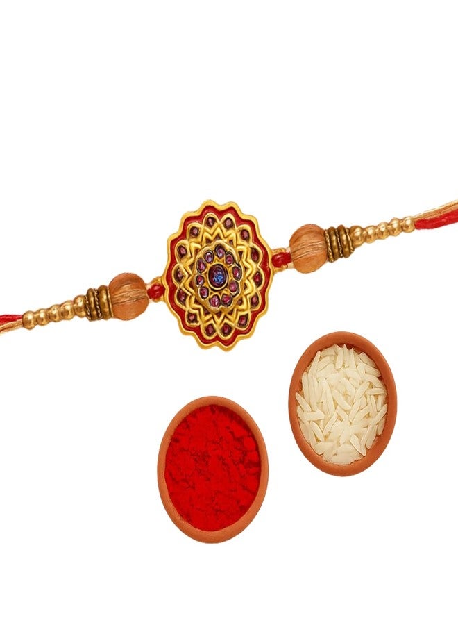 Sage Square Rakhi for Brother, Bhai with Roli Chawal | Raksha Bandhan | Designer Beads, Stones, Decorative Work | Stylish Handcrafted Rakhi Gifting for Sibling Festival Celebration (Type 36) - Image 1