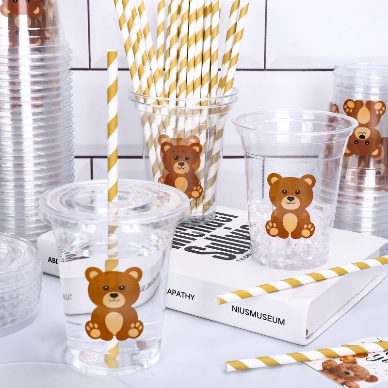 Whaline 50Pcs Bear Disposable Plastic Cups with Lids and Straws 12oz Cute Brown Bear Party Cups Cold Beverage Drinking Cups for Baby Shower Birthday Party Supplies - Image 3