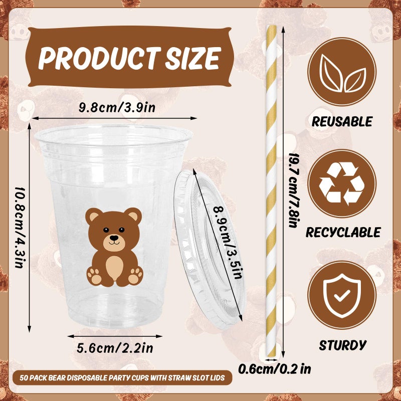 Whaline 50Pcs Bear Disposable Plastic Cups with Lids and Straws 12oz Cute Brown Bear Party Cups Cold Beverage Drinking Cups for Baby Shower Birthday Party Supplies - Image 1